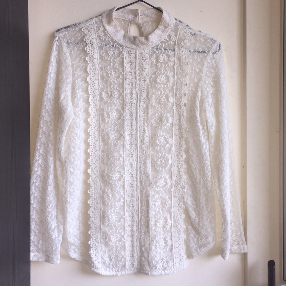 Pinky size S embroidered mesh long sleeves blouse